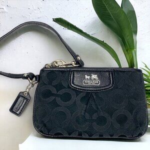COACH Madison Pleated Wristlet Black Signature Canvas & Black Leather Trim